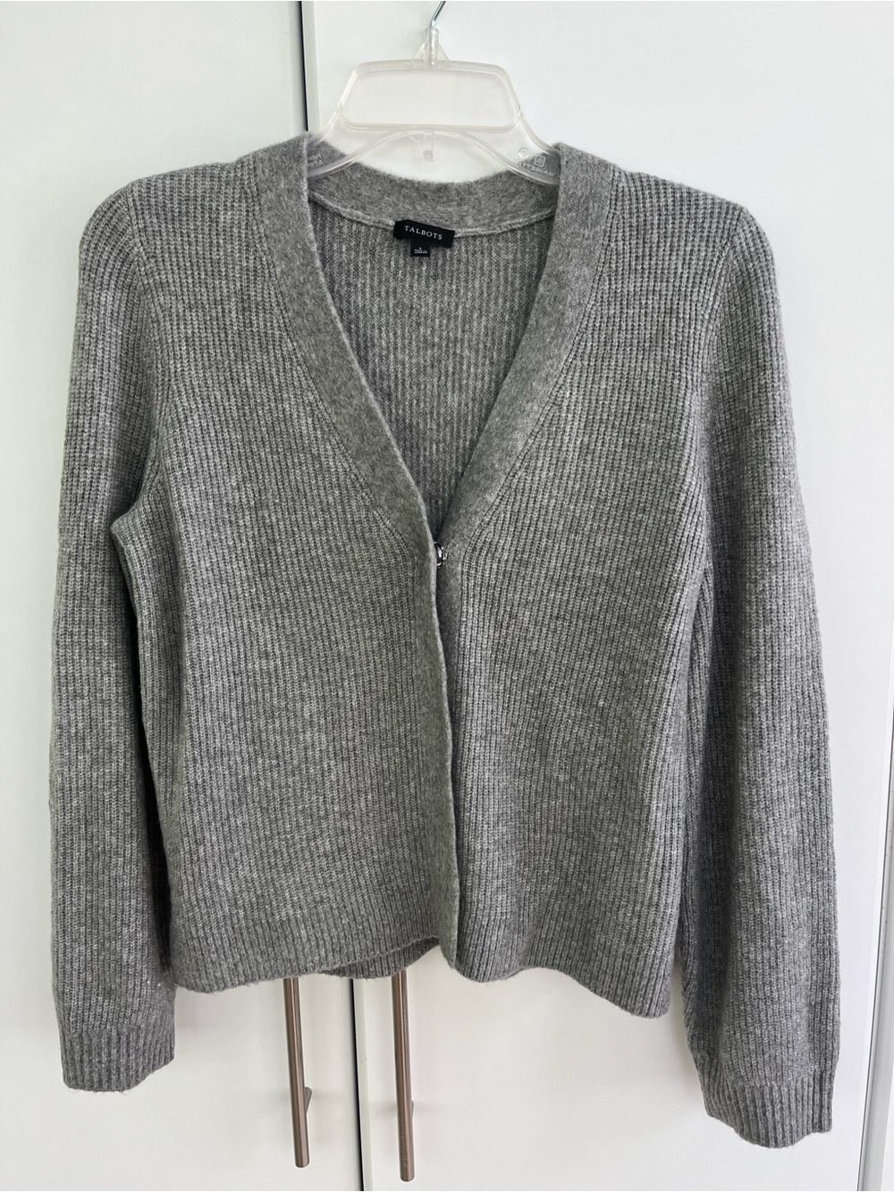 Talbots Gray Ribbed V-Neck Snap Front Sweater